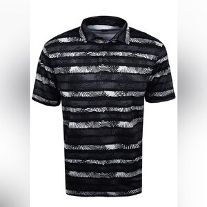 NWT Snake Eyes Geo Palm Polo size M. Grey/black/ white stripes with printed palm
